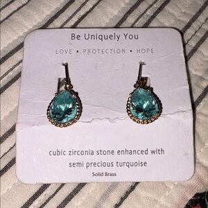 Solid brass Drop Earrings cubic zirconia stone enhanced w/semiprecious turquoise